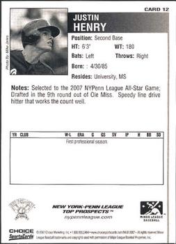 2007 Choice New York-Penn League Top Prospects #12 Justin Henry Back
