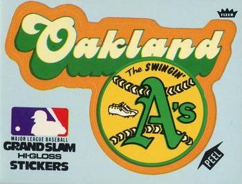 1977 Fleer Grand Slam Hi-Gloss Stickers #NNO Oakland A's Team (Blue) Front