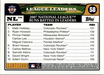 2008 Topps - Gold #58 NL Leaders: Runs Batted In (Matt Holliday / Ryan Howard / Miguel Cabrera) Back