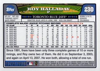 2008 Topps - Gold #230 Roy Halladay Back