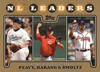 2008 Topps - Gold #327 NL Leaders: Strikeouts (Jake Peavy / Aaron Harang / John Smoltz) Front