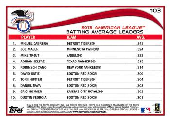 2014 Topps #103 AL 2013 Batting Average Leaders (Miguel Cabrera / Joe Mauer / Mike Trout) Back
