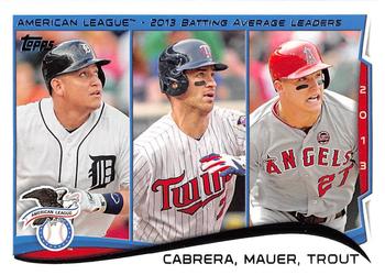 2014 Topps #103 AL 2013 Batting Average Leaders (Miguel Cabrera / Joe Mauer / Mike Trout) Front