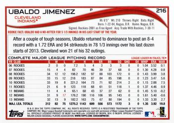 2014 Topps #216 Ubaldo Jimenez Back
