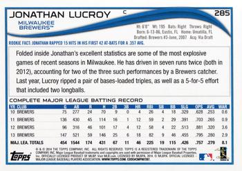2014 Topps #285 Jonathan Lucroy Back