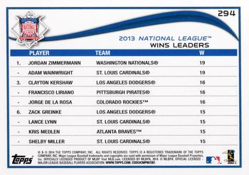 2014 Topps #294 NL 2013 Wins Leaders (Adam Wainwright / Jordan Zimmermann / Clayton Kershaw) Back