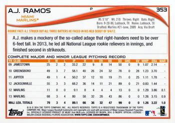 2014 Topps #353 A.J. Ramos Back