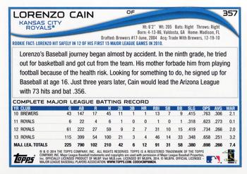 2014 Topps #357 Lorenzo Cain Back