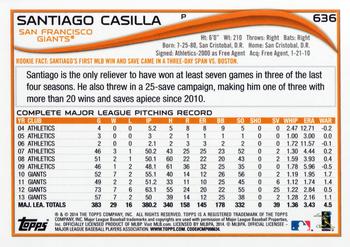 2014 Topps #636 Santiago Casilla Back