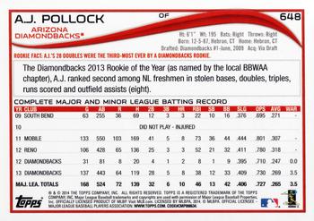 2014 Topps #648 A.J. Pollock Back