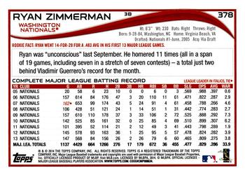 2014 Topps #378 Ryan Zimmerman Back