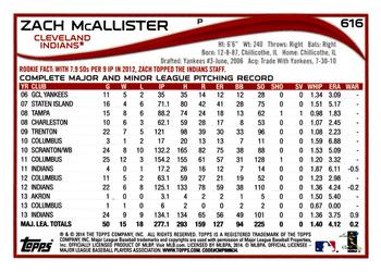 2014 Topps #616 Zach McAllister Back