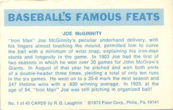 1973 Fleer Official Major League Patches - Famous Feats #1 Joe McGinnity Back