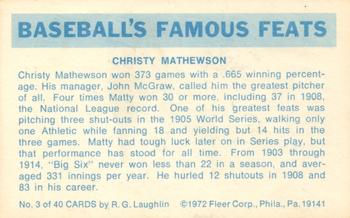 1973 Fleer Official Major League Patches - Famous Feats #3 Christy Mathewson Back