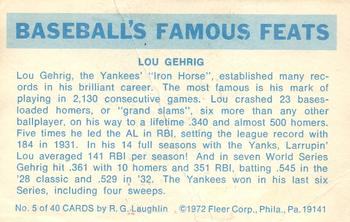 1973 Fleer Official Major League Patches - Famous Feats #5 Lou Gehrig Back
