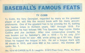 1973 Fleer Official Major League Patches - Famous Feats #15 Ty Cobb Back
