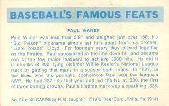 1973 Fleer Official Major League Patches - Famous Feats #24 Paul Waner Back