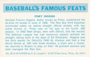 1973 Fleer Official Major League Patches - Famous Feats #30 Pinky Higgins Back