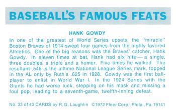 1973 Fleer Official Major League Patches - Famous Feats #33 Hank Gowdy Back
