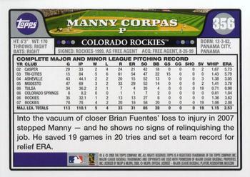 2008 Topps - Gold Foil #356 Manny Corpas Back