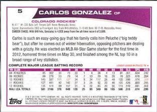 2013 Topps Mini #5 Carlos Gonzalez Back