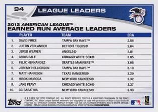 2013 Topps Mini #94 2012 AL Earned Run Average Leaders (David Price / Justin Verlander / Jered Weaver) Back