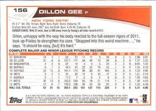 2013 Topps Mini #156 Dillon Gee Back
