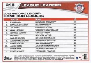 2013 Topps Mini #246 2012 NL Home Run Leaders (Ryan Braun / Giancarlo Stanton / Jay Bruce) Back
