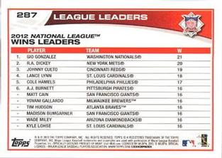 2013 Topps Mini #287 2012 NL Wins Leaders (Gio Gonzalez / R.A. Dickey / Johnny Cueto) Back