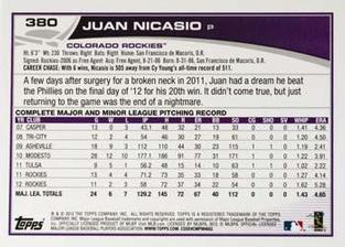 2013 Topps Mini #380 Juan Nicasio Back