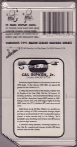 1991 Starshots Major League Baseball Greats #139 Cal Ripken Jr. Back