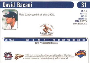 2001 Multi-Ad Brooklyn Cyclones #5 David Bacani Back