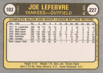 1981 Fleer #103 Joe Lefebvre Back