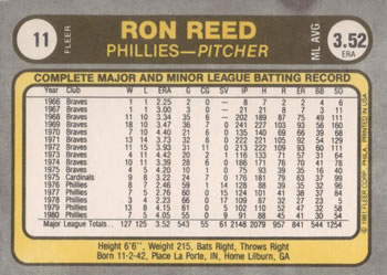1981 Fleer #11 Ron Reed Back