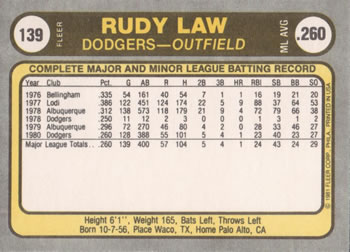 1981 Fleer #139 Rudy Law Back