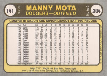 1981 Fleer #141 Manny Mota Back