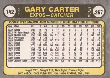 1981 Fleer #142 Gary Carter Back