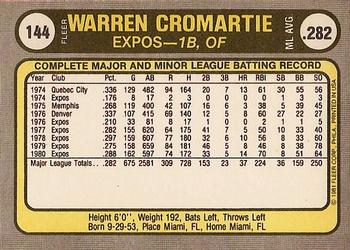 1981 Fleer #144 Warren Cromartie Back