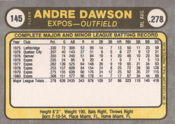 1981 Fleer #145 Andre Dawson Back