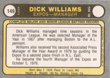 1981 Fleer #149 Dick Williams Back