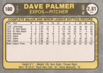 1981 Fleer #160 Dave Palmer Back