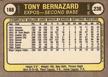 1981 Fleer #168 Tony Bernazard Back