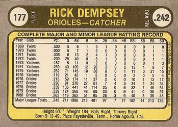 1981 Fleer #177 Rick Dempsey Back