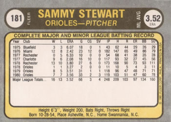 1981 Fleer #181 Sammy Stewart Back