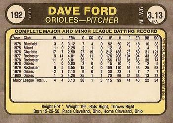 1981 Fleer #192 Dave Ford Back