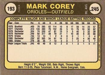 1981 Fleer #193 Mark Corey Back