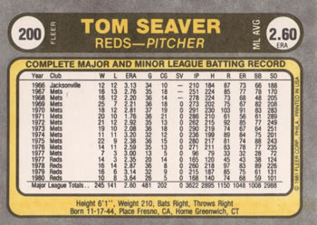 1981 Fleer #200 Tom Seaver Back