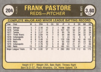 1981 Fleer #204 Frank Pastore Back