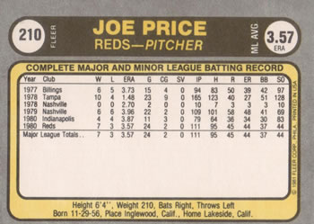 1981 Fleer #210 Joe Price Back