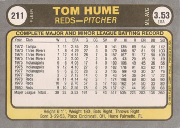 1981 Fleer #211 Tom Hume Back